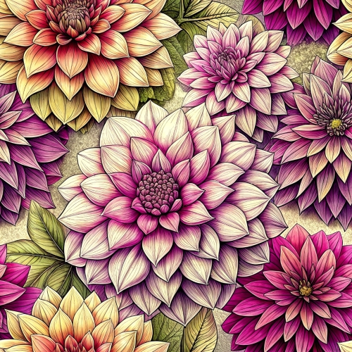 Hand drawn dahlia flowers seamless pattern abstract background d