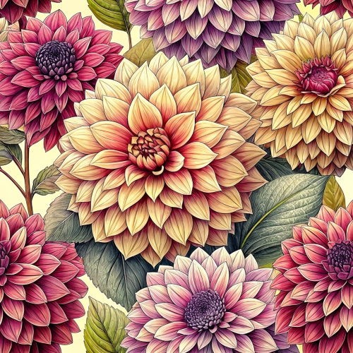 Hand drawn dahlia flowers seamless pattern abstract background d