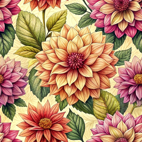 Hand drawn dahlia flowers seamless pattern abstract background d