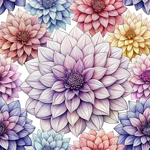 Hand drawn dahlia flowers seamless pattern abstract background d