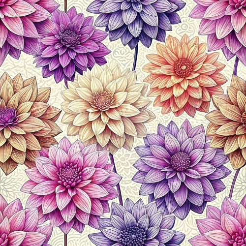 Hand drawn dahlia flowers seamless pattern abstract background d