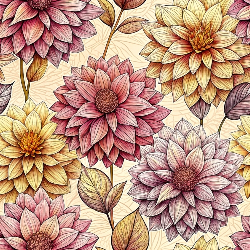 Hand drawn dahlia flowers seamless pattern abstract background d